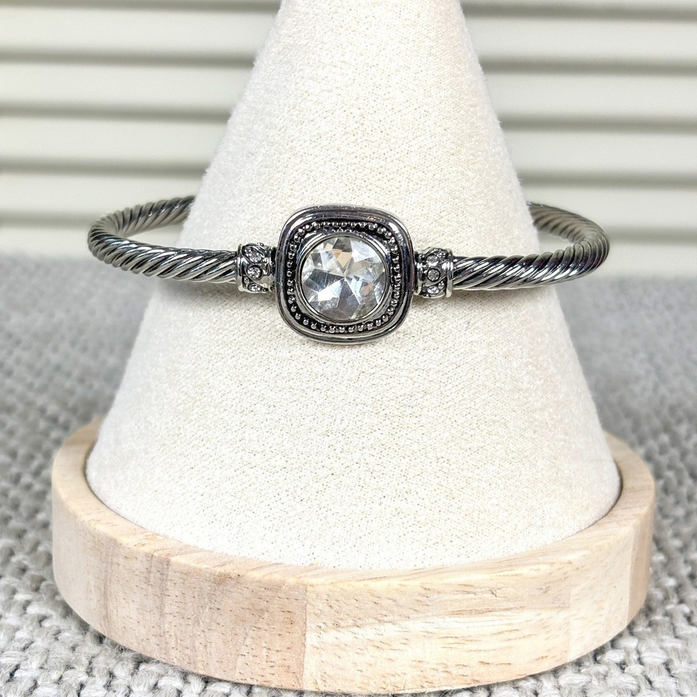 Classic Silver Tone Cable Twist Crystal Station Cuff Bracelet Statement Jewelry